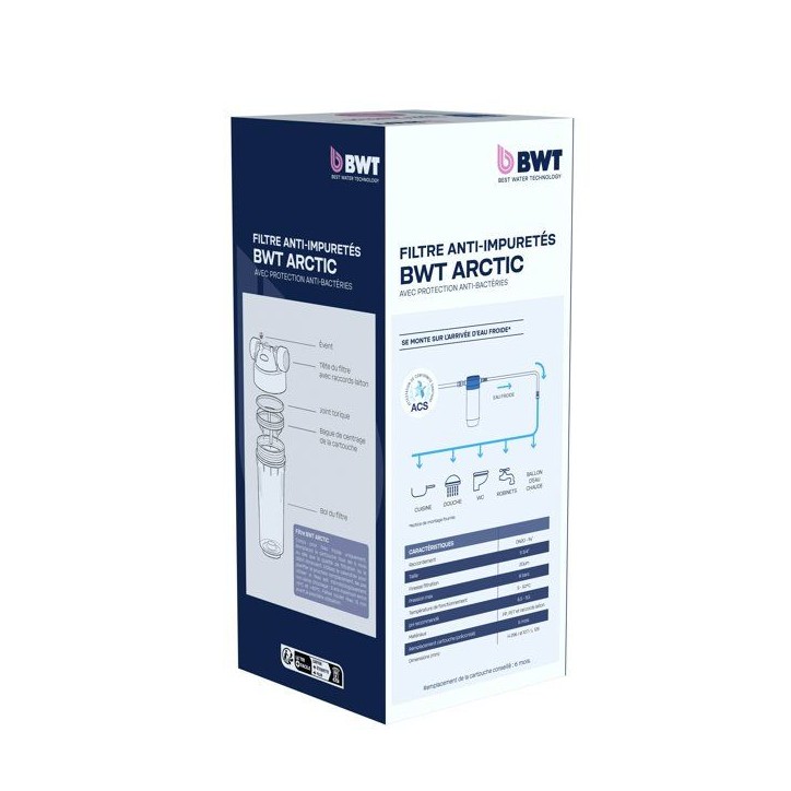 Filtre anti-impuretés - BWT - ARCTIC - 20 µm - Cartouche bactériostatique - Débit 3000 L/h Filtre anti-impuretés - BWT - ARCTIC - 20 µm - Cartouche bactériostatique - Débit 3000 L/h