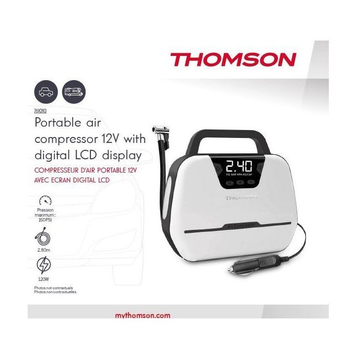 Compresseur d'air - THOMSON - 12V - Ecran digital LCD - Lampe de travail intégrée - Pression maximale 150PSA Compresseur d'air - THOMSON - 12V - Ecran digital LCD - Lampe de travail intégrée - Pression maximale 150PSA