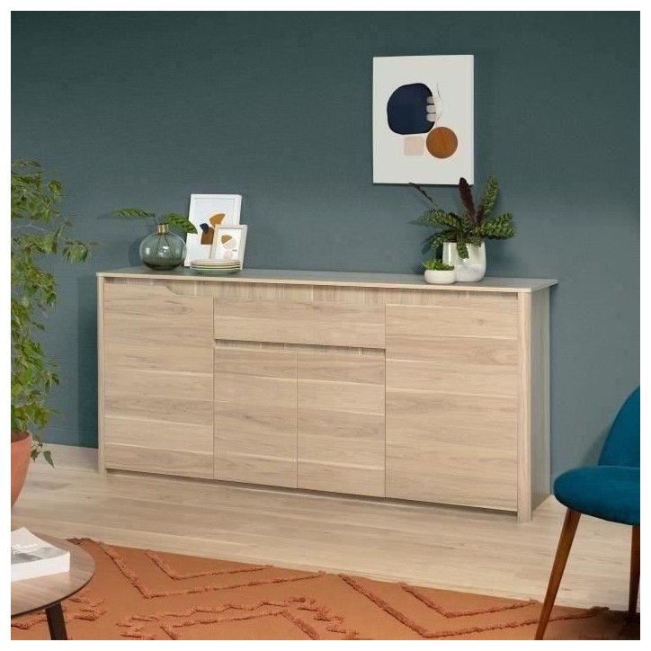Buffet bas - Panneaux de particules - Décor chene dakota - 4 portes + 1 tiroir - Betty - L 185 x P 46 x H 85,5 cm