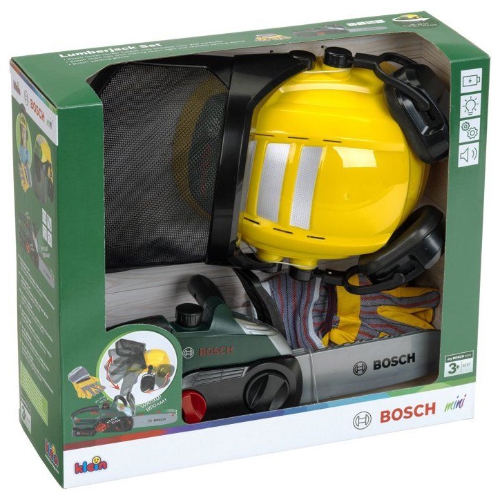 Set bûcheron Bosch - KLEIN - 8197 - Tronçonneuse électronique, casque avec visiere et gants - Jouet d'imitation - Des 3 ans Set bûcheron Bosch - KLEIN - 8197 - Tronçonneuse électronique, casque avec visiere et gants - Jouet d'imitation - Des 3 ans