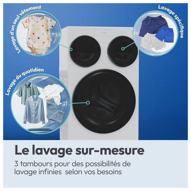 Lave-linge hublot CANDY Multiwash MQD 410CBL9-47 - 10kg - 1400 trs/min - 3 tambours - Classe A - Blanc Lave-linge hublot CANDY Multiwash MQD 410CBL9-47 - 10kg - 1400 trs/min - 3 tambours - Classe A - Blanc