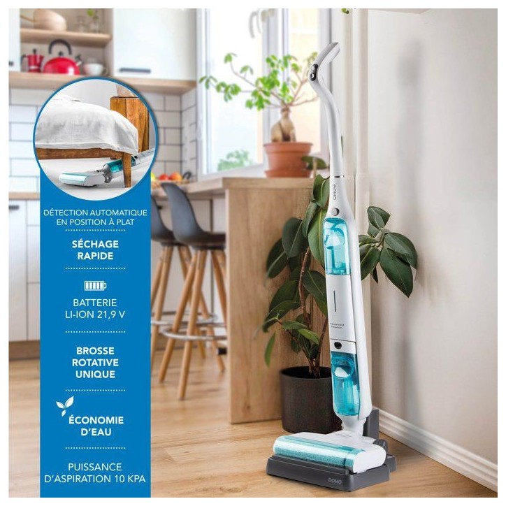 Aspirateur balai laveur - DOMO DO253SW - 10 000 Pa - 35 min - 75 m² - 450 ml - Blanc / Bleu Aspirateur balai laveur - DOMO DO253SW - 10 000 Pa - 35 min - 75 m² - 450 ml - Blanc / Bleu
