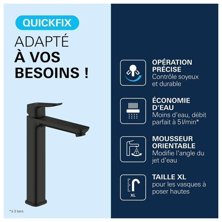 Mitigeur de lavabo - GROHE DICE - Taille XL - Corps lisse sans vidage - Noir mat Mitigeur de lavabo - GROHE DICE - Taille XL - Corps lisse sans vidage - Noir mat