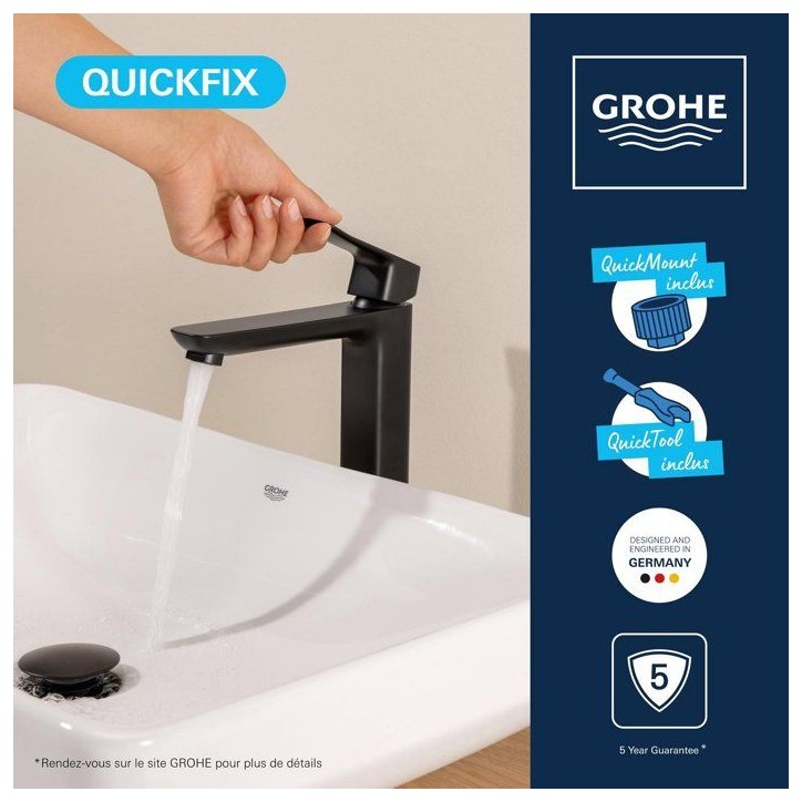Mitigeur de lavabo - GROHE DICE - Taille XL - Corps lisse sans vidage - Noir mat Mitigeur de lavabo - GROHE DICE - Taille XL - Corps lisse sans vidage - Noir mat