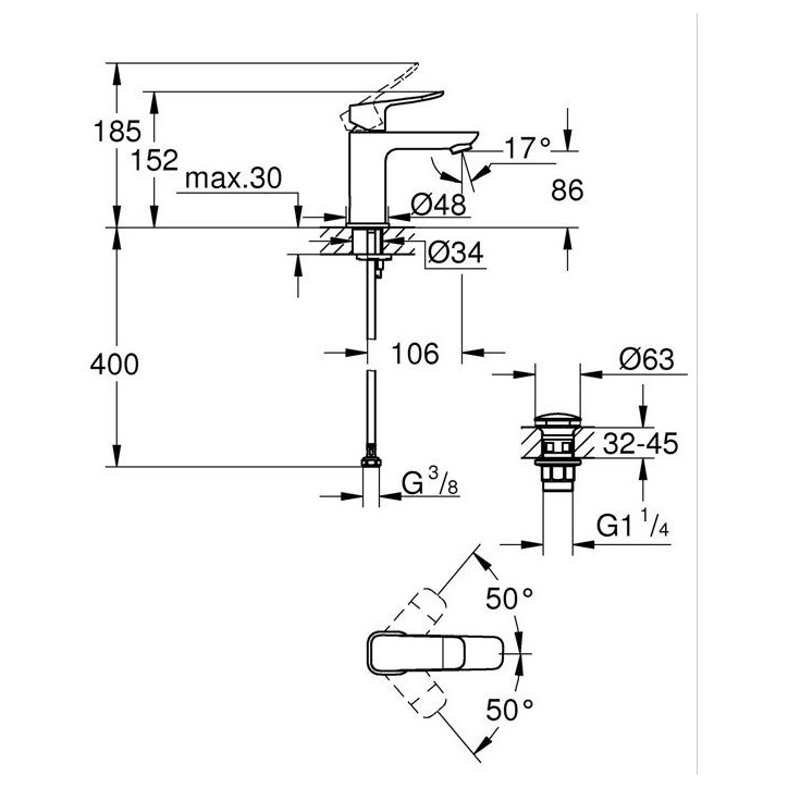 Mitigeur de lavabo - GROHE DICE - Taille S - Clic-clac - Noir mat Mitigeur de lavabo - GROHE DICE - Taille S - Clic-clac - Noir mat