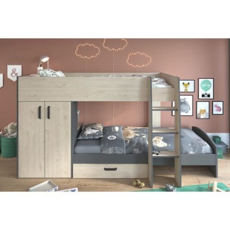 Lits superposés enfant avec rangements - PARISOT - Décor Chene Jackson et Gris Ombre - 2 x 90 x 200 cm - MIST