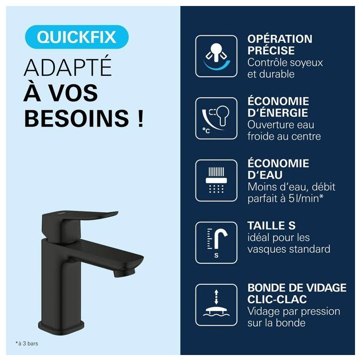 Mitigeur de lavabo - GROHE DICE - Taille S - Cartouche Ch3 & vidage clic-clac - Noir mat Mitigeur de lavabo - GROHE DICE - Taille S - Cartouche Ch3 & vidage clic-clac - Noir mat