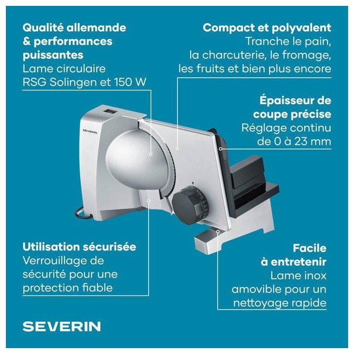 Trancheuse électrique universelle - SEVERIN - AS3917 - 150 W - Lame inox amovible 0 a 23 mm - Inox