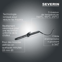 Fer a boucler ionique - SEVERIN - LG 0822 - 3 températures (160, 190, 210 °C) - Cordon 360° de 2,8 m - 1600 W - Noir