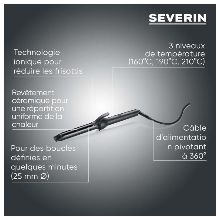 Fer a boucler ionique - SEVERIN - LG 0822 - 3 températures (160, 190, 210 °C) - Cordon 360° de 2,8 m - 1600 W - Noir Fer a boucler ionique - SEVERIN - LG 0822 - 3 températures (160, 190, 210 °C) - Cordon 360° de 2,8 m - 1600 W - Noir