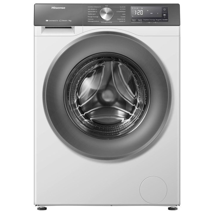Lave-linge hublot HISENSE W9043BWS3S - 9 kg - Vapeur - 1400 trs/min - Classe A-10% - Vapeur - Connecté - Blanc