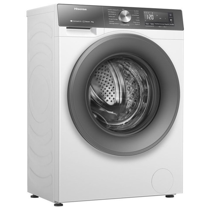 Lave-linge hublot HISENSE W9043BWS3S - 9 kg - Vapeur - 1400 trs/min - Classe A-10% - Vapeur - Connecté - Blanc