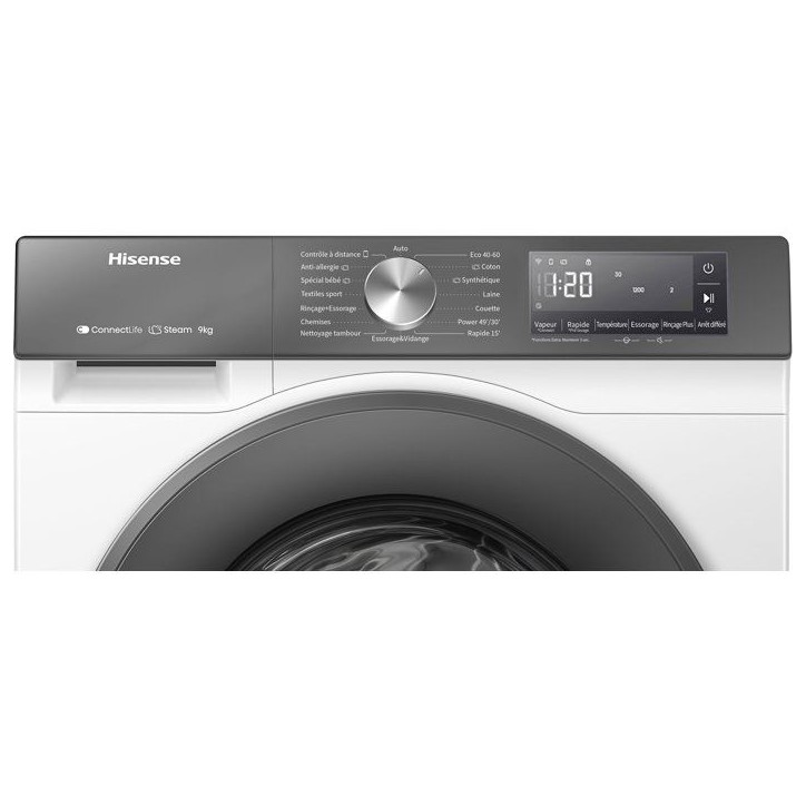 Lave-linge hublot HISENSE W9043BWS3S - 9 kg - Vapeur - 1400 trs/min - Classe A-10% - Vapeur - Connecté - Blanc