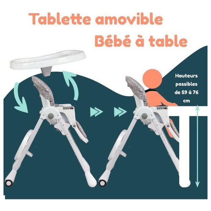 Chaise haute multipositions - BAMBISOL - Inclinable - Jusqu'a 3 ans - Beige / Blanc