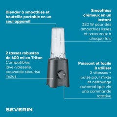 Blender - SEVERIN - SM3753 Mix & Go - 320 W - 2 gourdes de 600 ml - 2 vitesses - 4 lames aiguisées - Noir