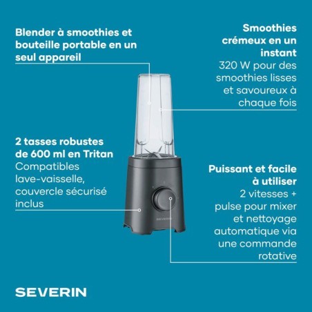 Blender - SEVERIN - SM3753 Mix & Go - 320 W - 2 gourdes de 600 ml - 2 vitesses - 4 lames aiguisées - Noir