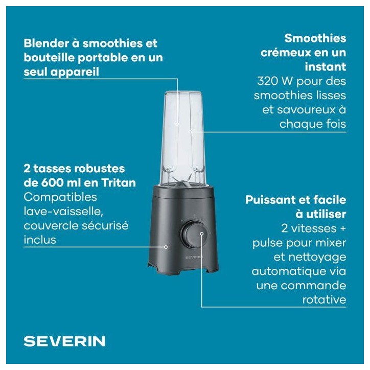 Blender - SEVERIN - SM3753 Mix & Go - 320 W - 2 gourdes de 600 ml - 2 vitesses - 4 lames aiguisées - Noir