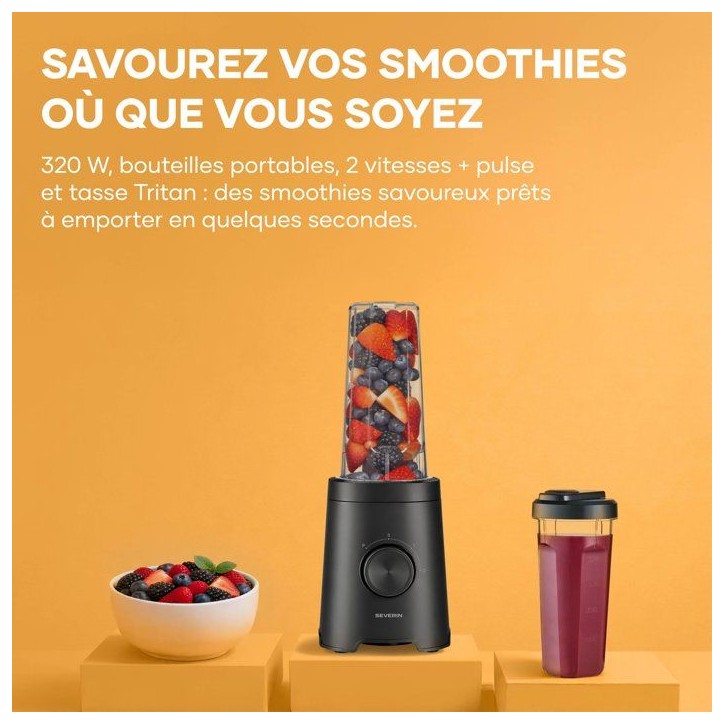 Blender - SEVERIN - SM3753 Mix & Go - 320 W - 2 gourdes de 600 ml - 2 vitesses - 4 lames aiguisées - Noir