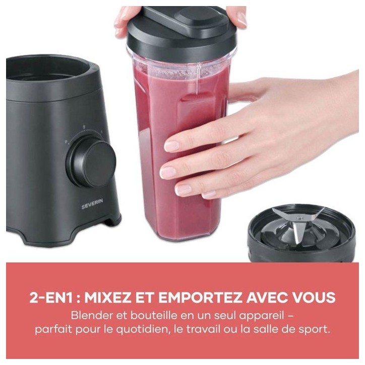 Blender - SEVERIN - SM3753 Mix & Go - 320 W - 2 gourdes de 600 ml - 2 vitesses - 4 lames aiguisées - Noir