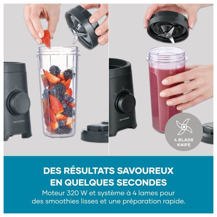 Blender - SEVERIN - SM3753 Mix & Go - 320 W - 2 gourdes de 600 ml - 2 vitesses - 4 lames aiguisées - Noir