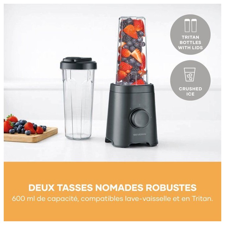 Blender - SEVERIN - SM3753 Mix & Go - 320 W - 2 gourdes de 600 ml - 2 vitesses - 4 lames aiguisées - Noir
