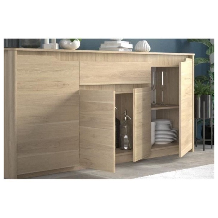 Buffet bas - Panneaux de particules - Décor chene dakota - 4 portes + 1 tiroir - Betty - L 185 x P 46 x H 85,5 cm