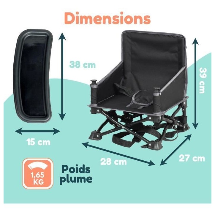 Rehausseur de chaise - BAMBISOL - 6/35 mois - Evolutif en chaise enfant 3/5 ans - Pliable - Noir