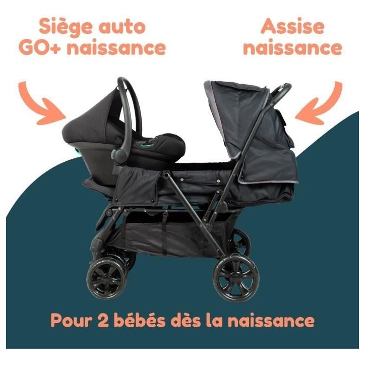 Poussette double jumeaux - BAMBISOL - Combiné Poussette Double + Siege Auto I-size - 4 roues - Noir