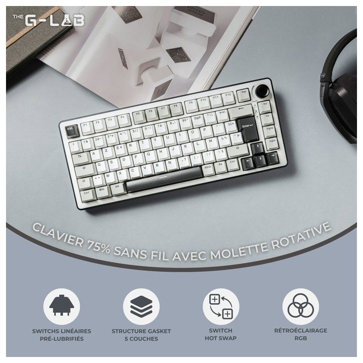 Clavier mécanique gamer - PBT double injection - THE G-LAB - KEYZ Elite 300 WG - AZERTY TKL - RGB - Blanc