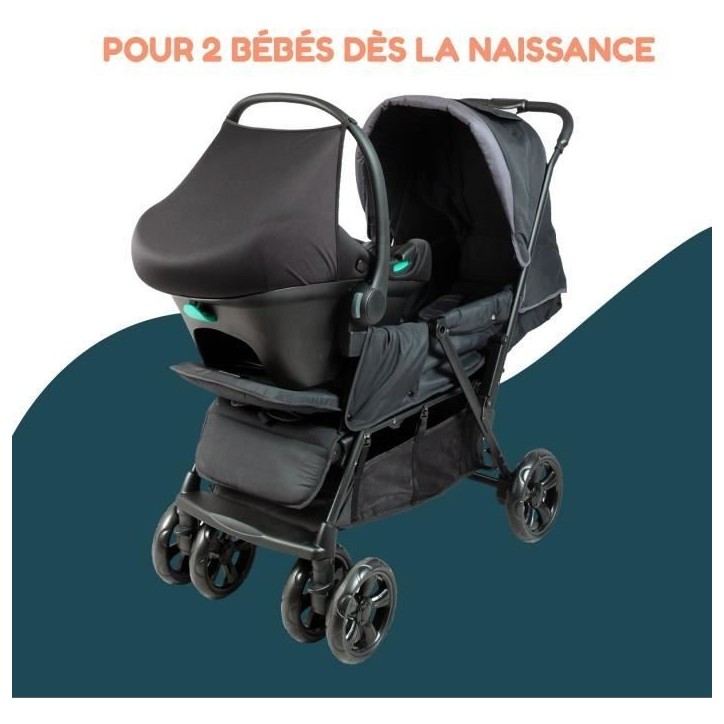 Poussette double jumeaux - BAMBISOL - Combiné Poussette Double + Siege Auto I-size - 4 roues - Noir