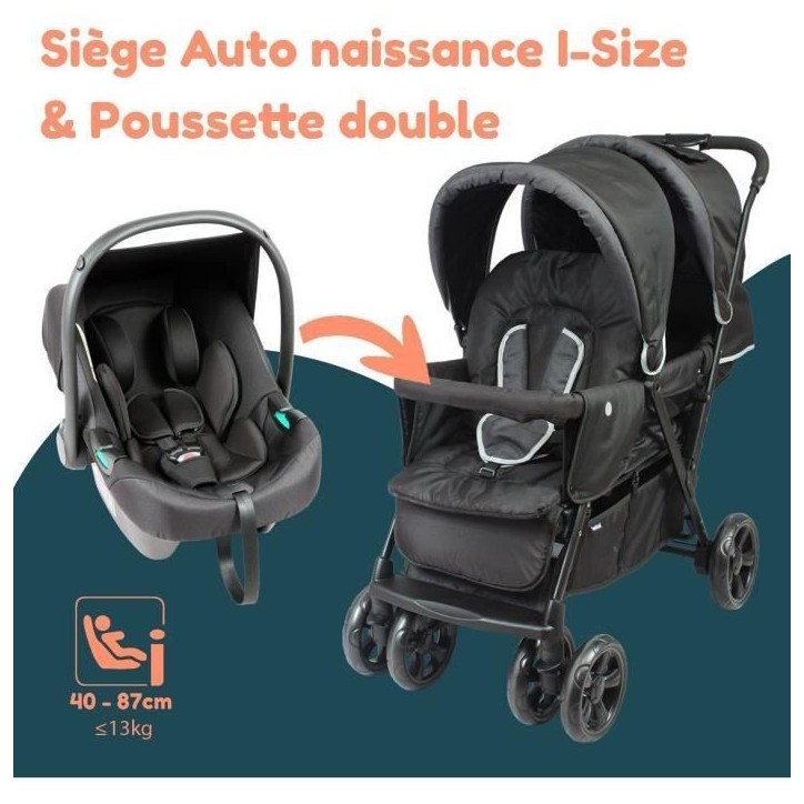 Poussette double jumeaux - BAMBISOL - Combiné Poussette Double + Siege Auto I-size - 4 roues - Noir