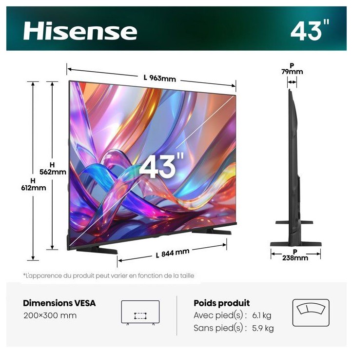 Hisense 43E7S - TV QLED 43 (108 cm) - 4K UHD 3840x2160 - HDR10+ - Smart TV Vidaa - 3xHDMI 2.1 - WiFi