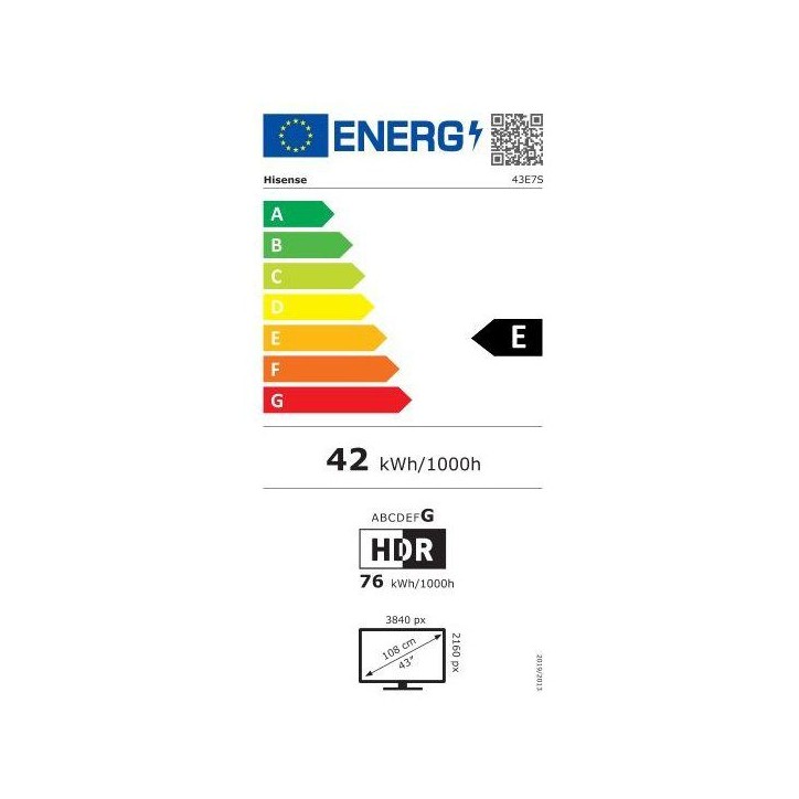 Hisense 43E7S - TV QLED 43 (108 cm) - 4K UHD 3840x2160 - HDR10+ - Smart TV Vidaa - 3xHDMI 2.1 - WiFi
