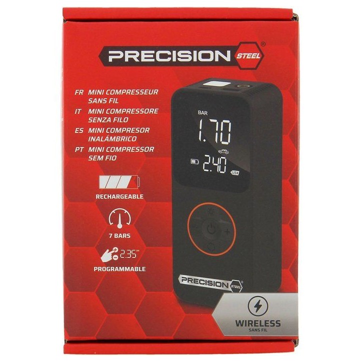 Mini compresseur sans fil rechargeable - PRECISION STEEL - 10 bar - Gonfleur auto vélo - USB-C Mini compresseur sans fil rechargeable - PRECISION STEEL - 10 bar - Gonfleur auto vélo - USB-C