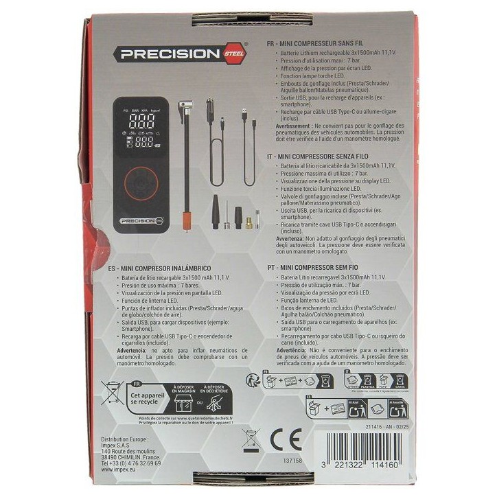 Mini compresseur sans fil rechargeable - PRECISION STEEL - 10 bar - Gonfleur auto vélo - USB-C Mini compresseur sans fil rechargeable - PRECISION STEEL - 10 bar - Gonfleur auto vélo - USB-C