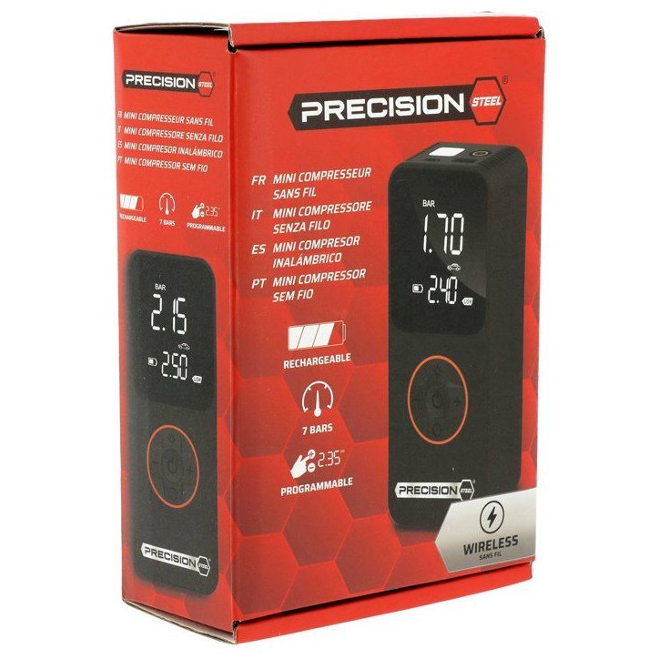 Mini compresseur sans fil rechargeable - PRECISION STEEL - 10 bar - Gonfleur auto vélo - USB-C Mini compresseur sans fil rechargeable - PRECISION STEEL - 10 bar - Gonfleur auto vélo - USB-C