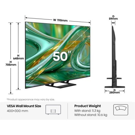 Hisense 50E8S - TV QLED MiniLED 50 (126 cm) - 4K UHD 3840x2160 - 144 Hz - Caisson basses intégré - Smart TV - 3xHDMI 2.1 - WiF