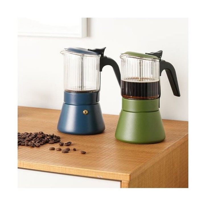 Cafetiere italienne - INOXIBAR - Clair 6 tasses Bleu - verre borosilicaté - induction - soupape sécurité