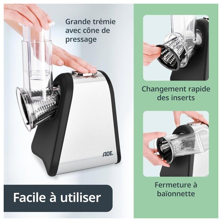 Râpe électrique - ADE - KITCHEN GADGETS - 4 types de Râpes - Acier inoxydable/plastique - 29,2 x 21,3 x 25 cm Râpe électrique - ADE - KITCHEN GADGETS - 4 types de Râpes - Acier inoxydable/plastique - 29,2 x 21,3 x 25 cm