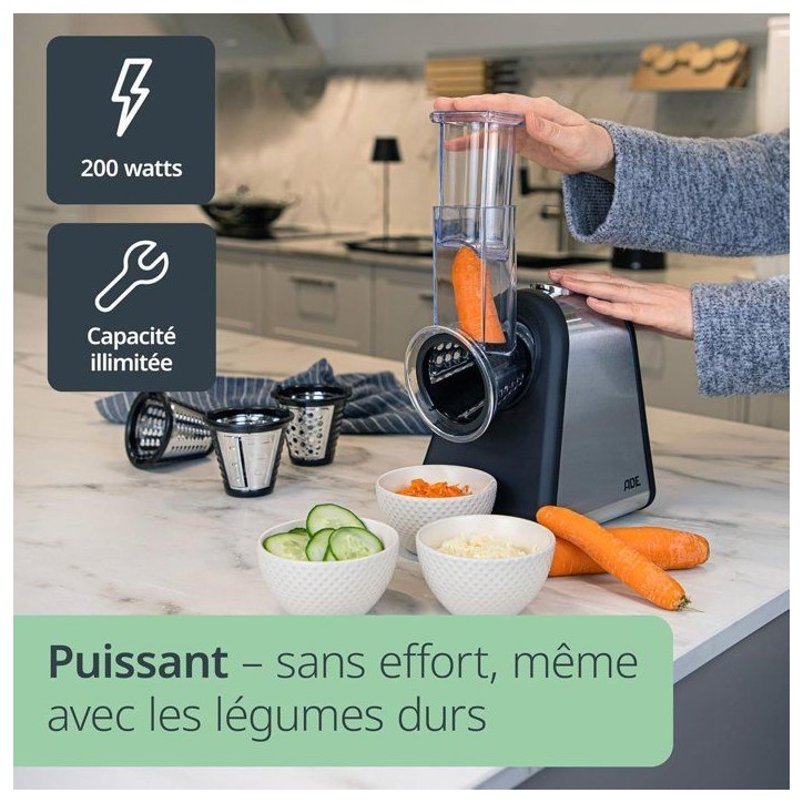 Râpe électrique - ADE - KITCHEN GADGETS - 4 types de Râpes - Acier inoxydable/plastique - 29,2 x 21,3 x 25 cm Râpe électrique - ADE - KITCHEN GADGETS - 4 types de Râpes - Acier inoxydable/plastique - 29,2 x 21,3 x 25 cm