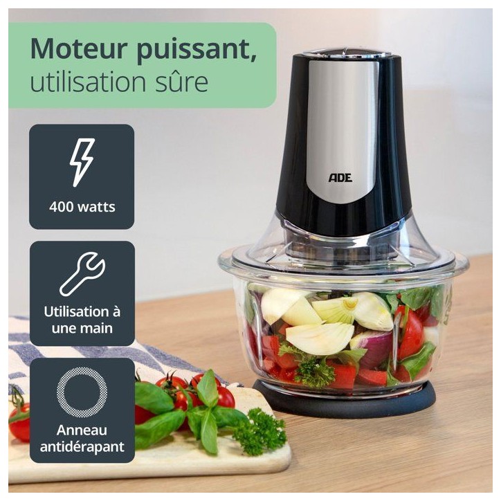 Hachoir Multi électrique - ADE - KITCHEN GADGETS - 2 vitesses - 1,2 L - Noir / Inox Hachoir Multi électrique - ADE - KITCHEN GADGETS - 2 vitesses - 1,2 L - Noir / Inox