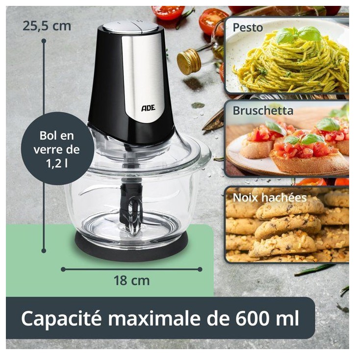 Hachoir Multi électrique - ADE - KITCHEN GADGETS - 2 vitesses - 1,2 L - Noir / Inox Hachoir Multi électrique - ADE - KITCHEN GADGETS - 2 vitesses - 1,2 L - Noir / Inox
