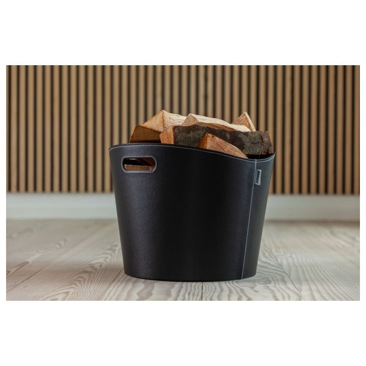 Panier a bois - ADURO - Proline - Ø 39 x 31 cm - Simili cuir noir avec coutures apparentes - Poignées Panier a bois - ADURO - Proline - Ø 39 x 31 cm - Simili cuir noir avec coutures apparentes - Poignées