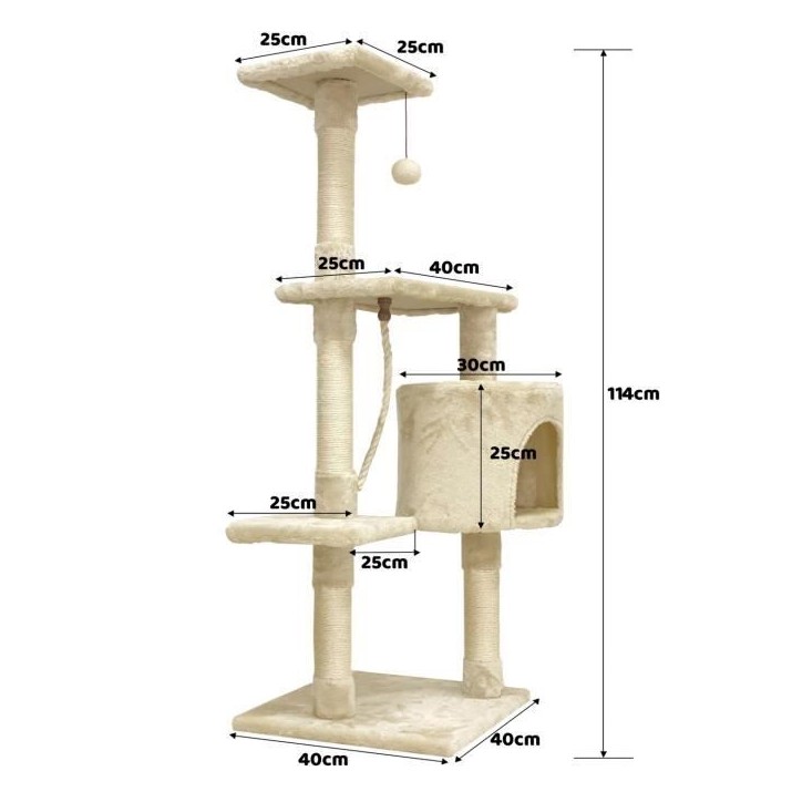 PALOMA Arbre a chat beige 40 x 40 x 114cm - 3 plateformes, 1 corde, 1 niche , poteaux a griffer PALOMA Arbre a chat beige 40 x 40 x 114cm - 3 plateformes, 1 corde, 1 niche , poteaux a griffer