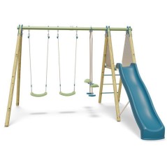 Portique balançoire bois / métal - 3 agres avec toboggan - OPTIMA 2