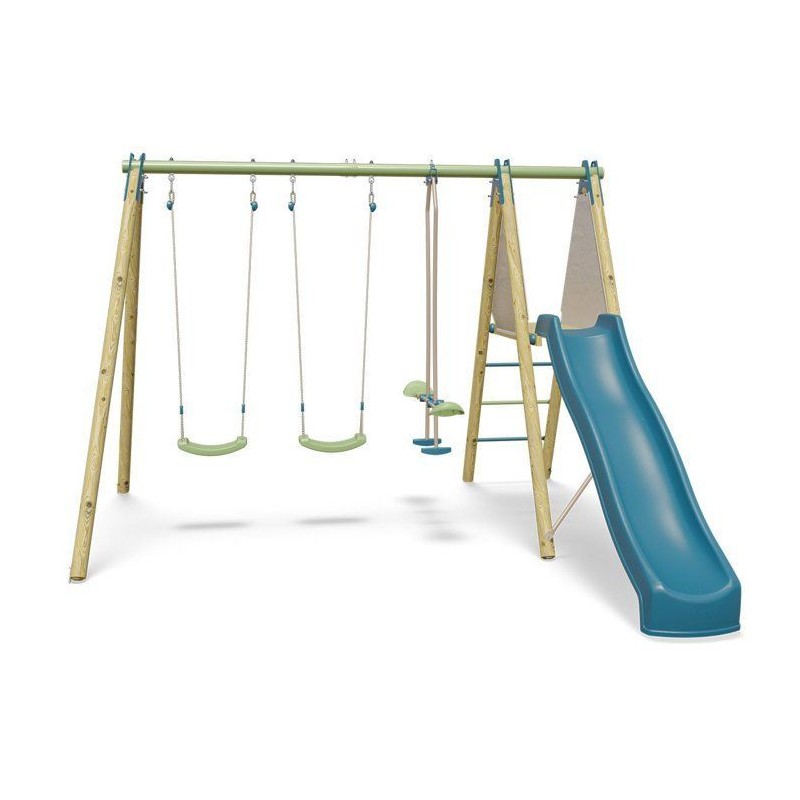 Portique balançoire bois / métal - 3 agres avec toboggan - OPTIMA 2