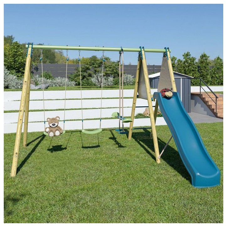 Portique balançoire bois / métal - 3 agres avec toboggan - OPTIMA 2 - ALEO BY TRIGANO Portique balançoire bois / métal - 3 agres avec toboggan - OPTIMA 2 - ALEO BY TRIGANO