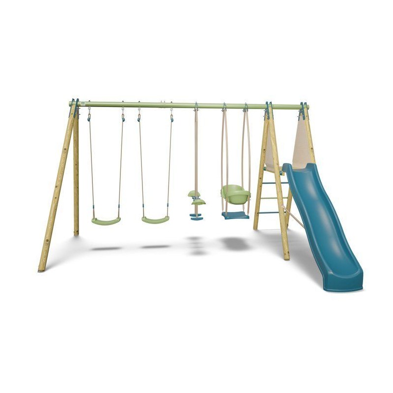 Portique balançoire bois / métal - 6 agres avec toboggan - KAHUNA 2