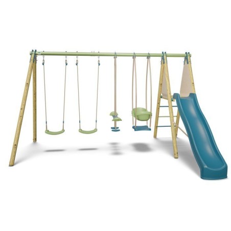 Portique balançoire bois / métal - 6 agres avec toboggan - KAHUNA 2