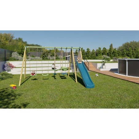 Portique balançoire bois / métal - 6 agres avec toboggan - KAHUNA 2 - ALEO BY TRIGANO
